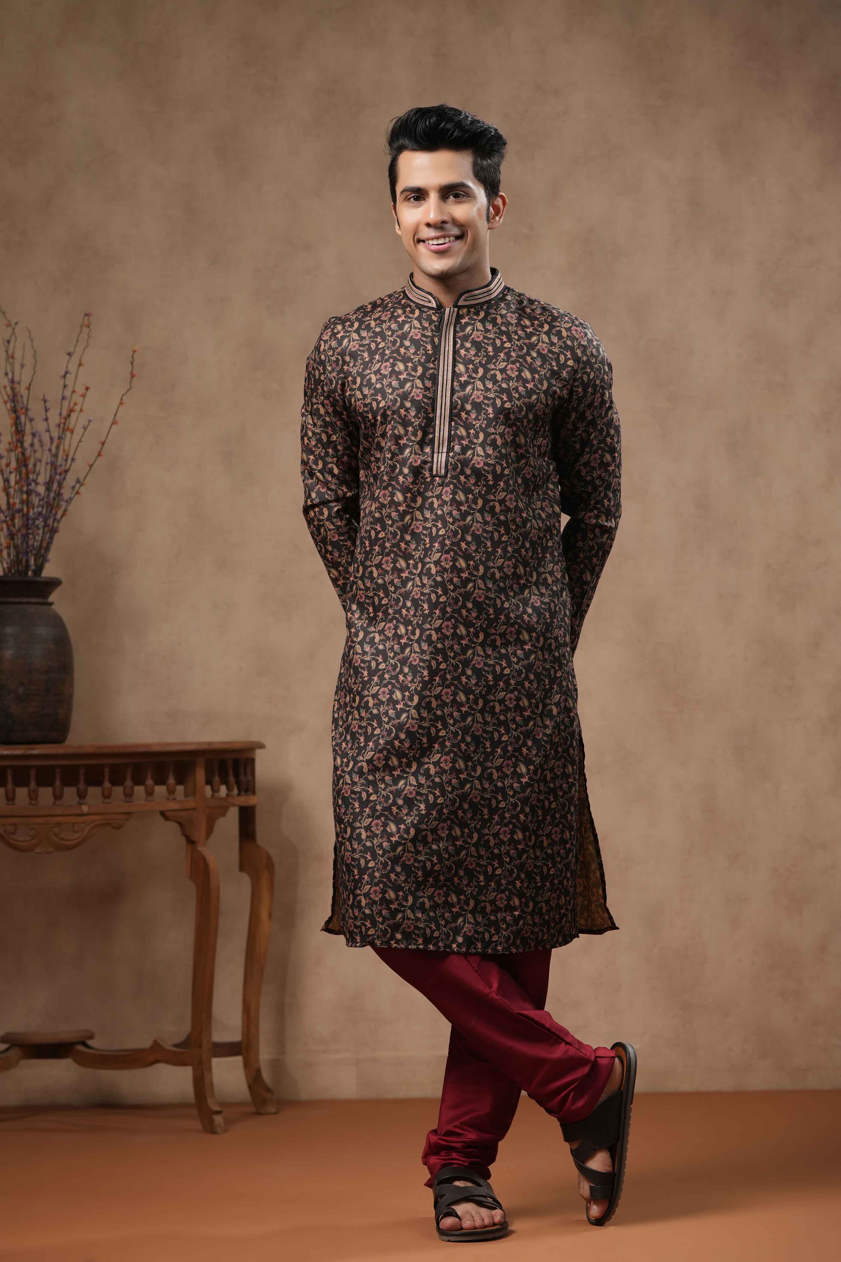 Black Floral Printed Kurta